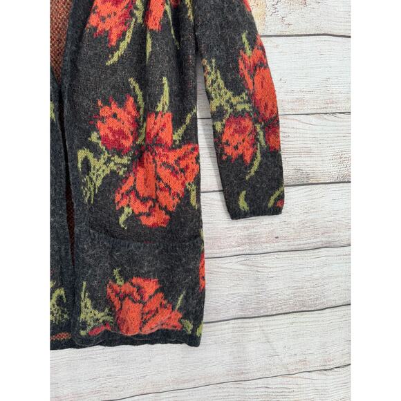 Free People Floral Knit Cardigan Sweater Womens Small Black Red Wool Blend - Picture 6 of 12